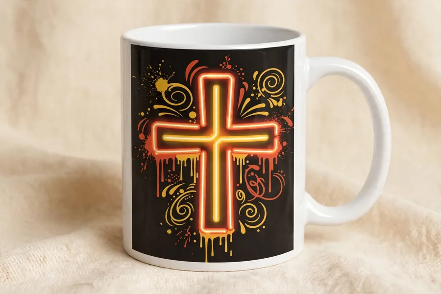 Mug with the neon-drip cross design