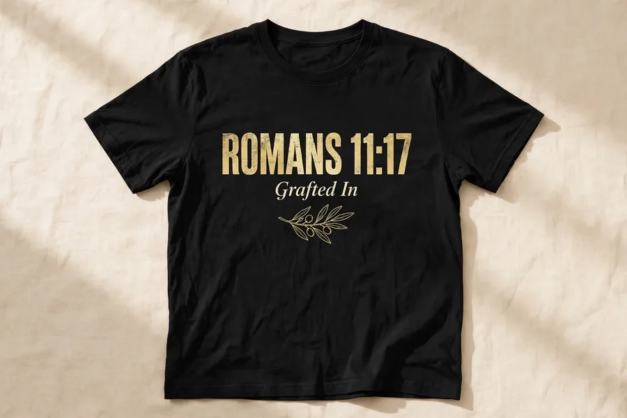 Black tee with the Grafted In — Romans 11:17 design